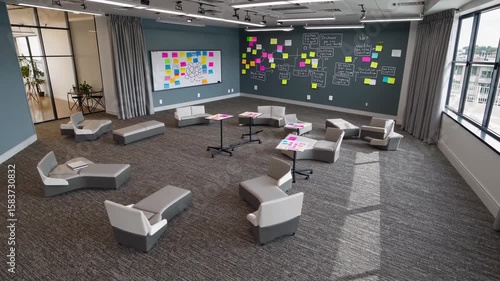 Modern Workspace: A thoughtfully designed collaborative workspace with a diverse range of seating options, a blackboard adorned with colorful sticky notes.
