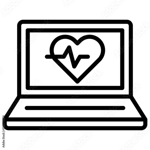 Heart Monitoring Outline Icon Vector Design - Laptop displaying a heart rate graph, symbolizing remote patient monitoring or health tracking