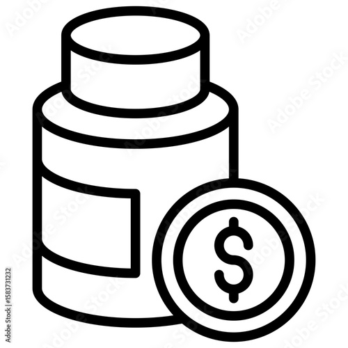 Medicine Cost Outline Icon Vector Design - Medication bottle with coin symbol, representing drug price, cost, or financial aspect in pharmacy