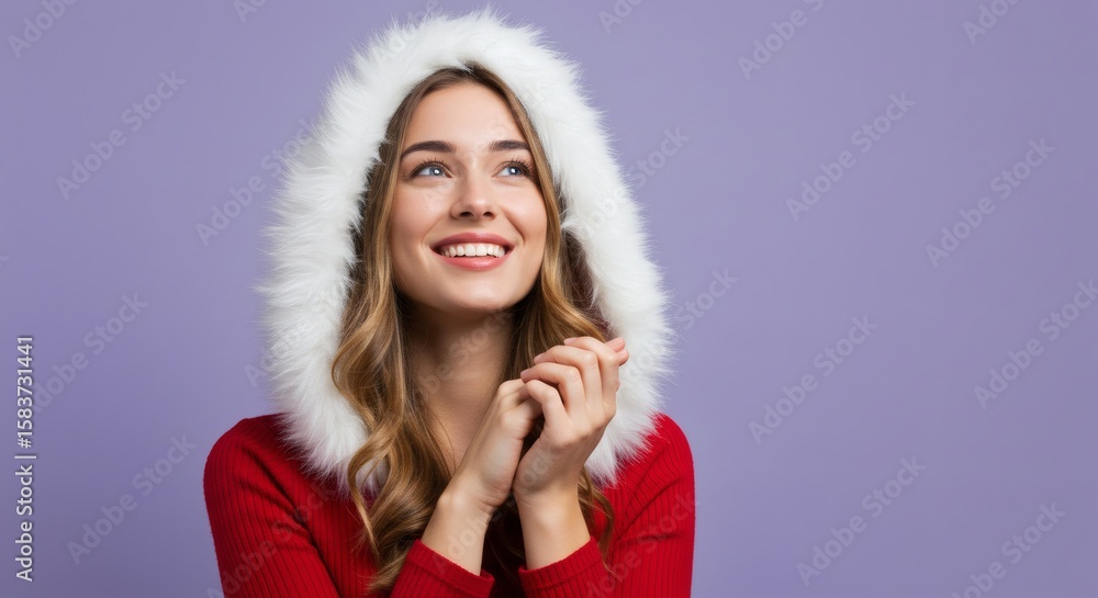 The young woman with a white fur hood smiles and looks upwards, hopeful and positive. The young woman with a white fur hood smiles and looks upwards, hopeful and positive.