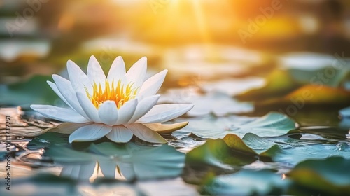 Serene white lotus flower blooming on a tranquil pond at sunset