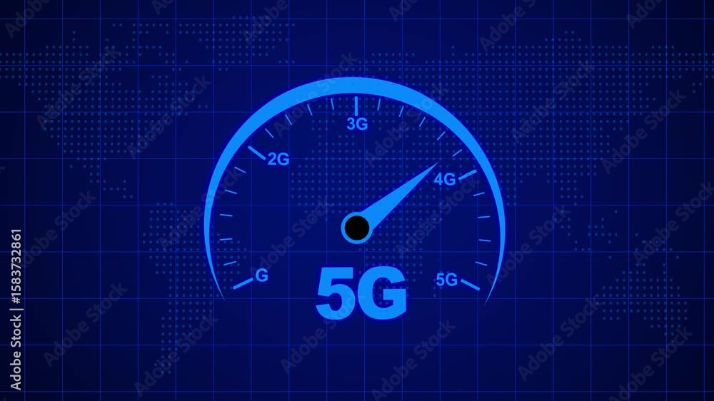 animation internet speed test 5g. holographic circle modern style technology, rotating on arrow cursor lever