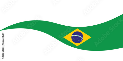 Brazil flag tricolor rainbow curve design. Wavy green banner featuring the Brazilian flag emblem on a white background illustration design