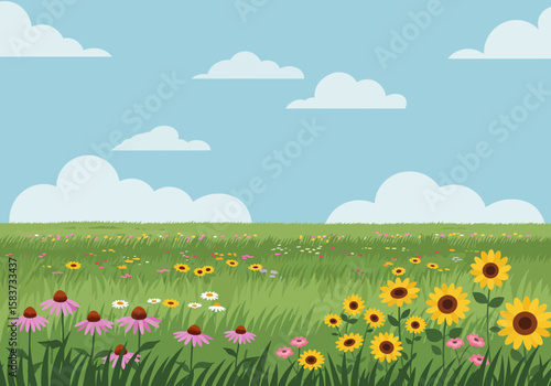 A meadow scene with wildflowers including sunflowers coneflowers and daisies under a blue sky with white clouds