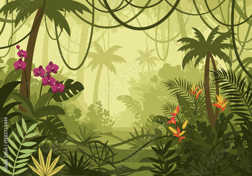 A lush jungle scene with dense foliage palm trees vines and colorful orchidsheliconias