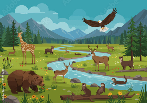 A landscape populated with diverse wildlife near a winding river and distant mountains