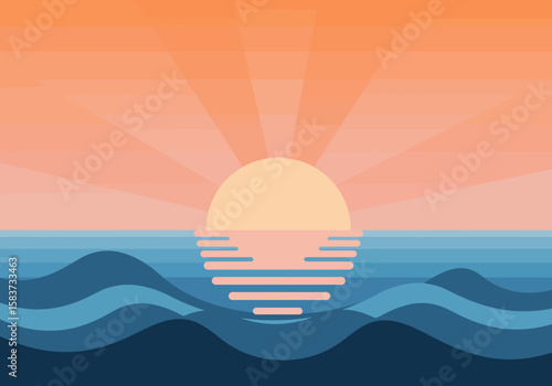 A minimalist sun setting over a wavy ocean