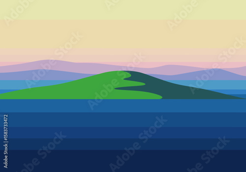 A minimalist landscape with a green island blue sea distant hills and a gradient sky