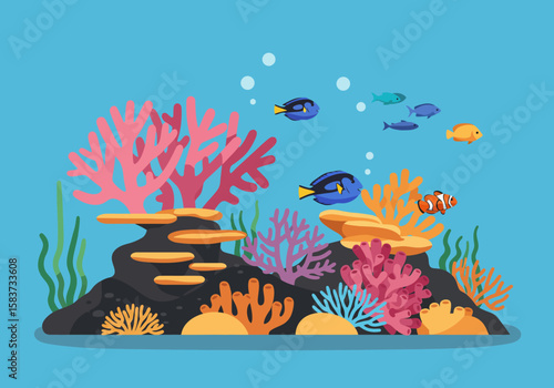 A vibrant coral reef scene with colorful fish swimming amid diverse coral formations