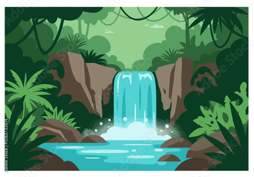 A waterfall cascades into a blue pool surrounded by lush jungle vegetation and rocky formations