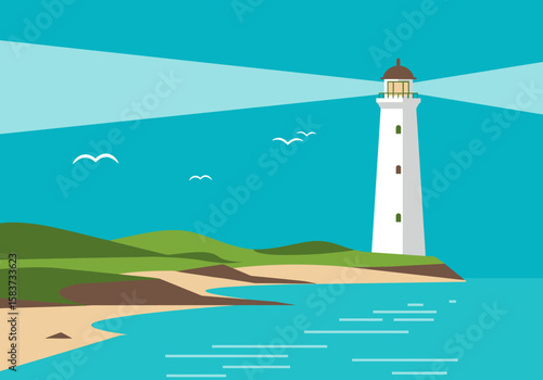 A white lighthouse with a brown roof stands on a coast with blue water and a teal sky