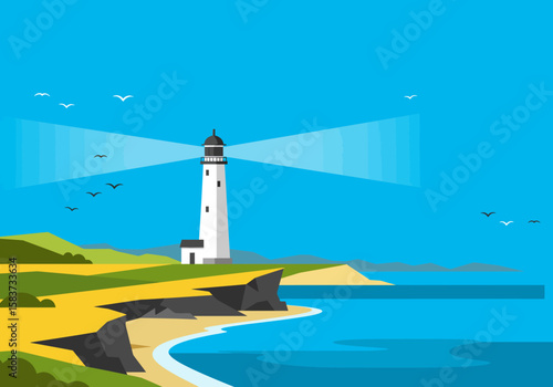 A white lighthouse on a grassy coast emits bright light beams into a blue sky with scattered birds