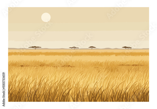 African savanna scene with tall grass distant trees and a pale sun