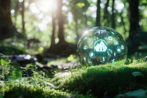 Futuristic AI Technology Sphere in Nature Forest Environment Scene.
