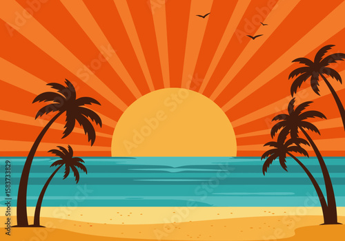 Beach sunset palm trees ocean and birds set against a bright orange sky with radiating sun rays