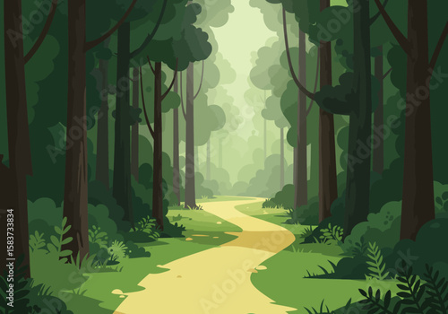 Cartoon forest landscape winding path among tall trees foliage and hazy sunlight