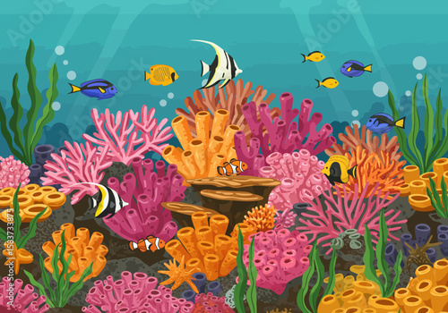Cartoon ocean scene with colorful coral fish and underwater plants