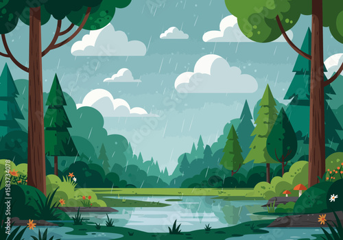 Forest scene with rain trees clouds pond reflect a forest view