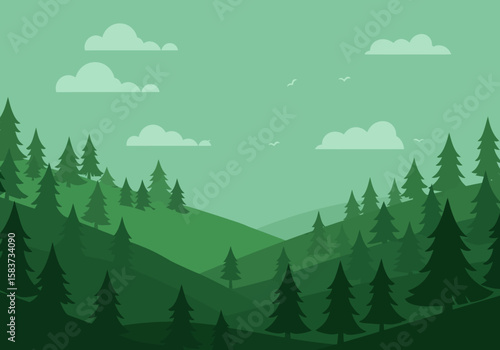 Green landscape with pine trees on hills and clouds in a mint green sky