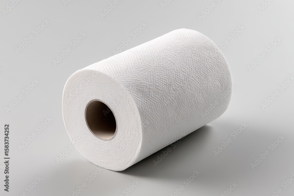 White paper towel roll on neutral gray background for cleaning, kitchen use, and household organization White paper towel roll on neutral gray background for cleaning, kitchen use, and household organization
