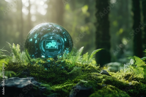 Futuristic AI Technology Sphere in Nature Forest Environment Scene.