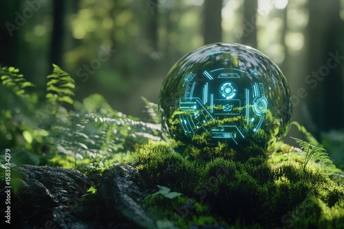 Futuristic AI Technology Sphere in Nature Forest Environment Scene.