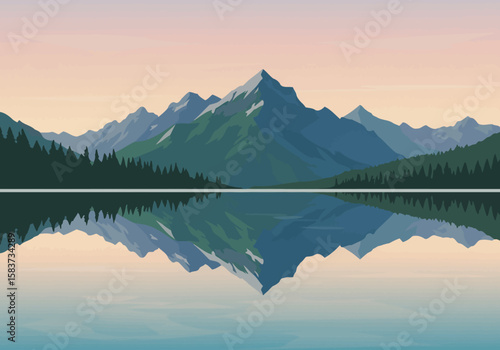 Mountains reflected in calm water with forest silhouettes in the foreground and a serene sky above