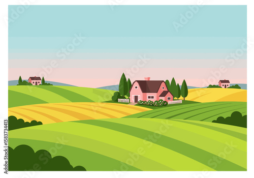 Rural landscape with rolling hills houses and a pink central farmhouse