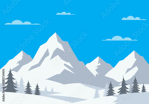 Snowy mountains with trees under a blue sky with clouds in a simplistic vector style