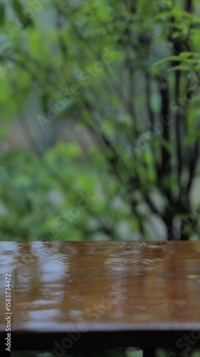 Rain, wooden bar table in the garden hit by rain water, 2 video clips, different angles