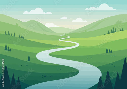 Winding river cuts through green hills trees dot landscape under soft sky with scattered clouds