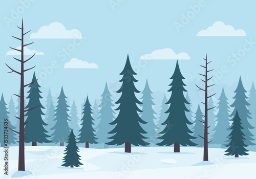 A winter scene shows evergreen trees leafless trees snowcovered ground and a blue sky with white clouds