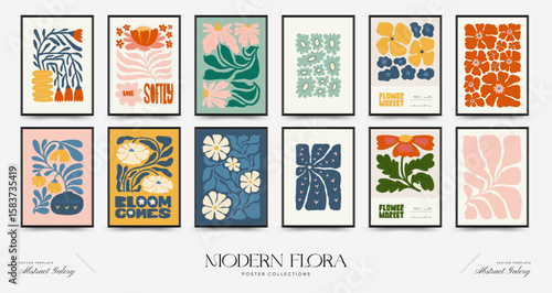 Abstract floral posters template. Modern trendy Matisse minimal style. Pink and blue colors. Hand drawn design for wallpaper, wall decor, print, postcard, cover, template, banner.