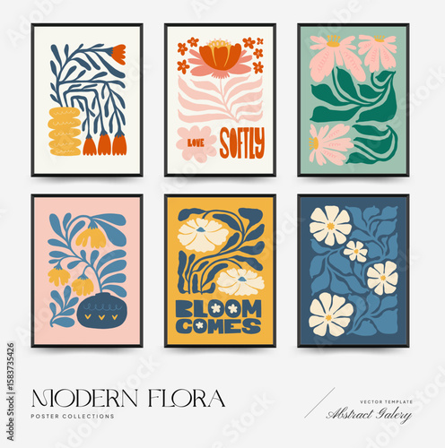Abstract floral posters template. Modern trendy Matisse minimal style. Pink and blue colors. Hand drawn design for wallpaper, wall decor, print, postcard, cover, template, banner.
