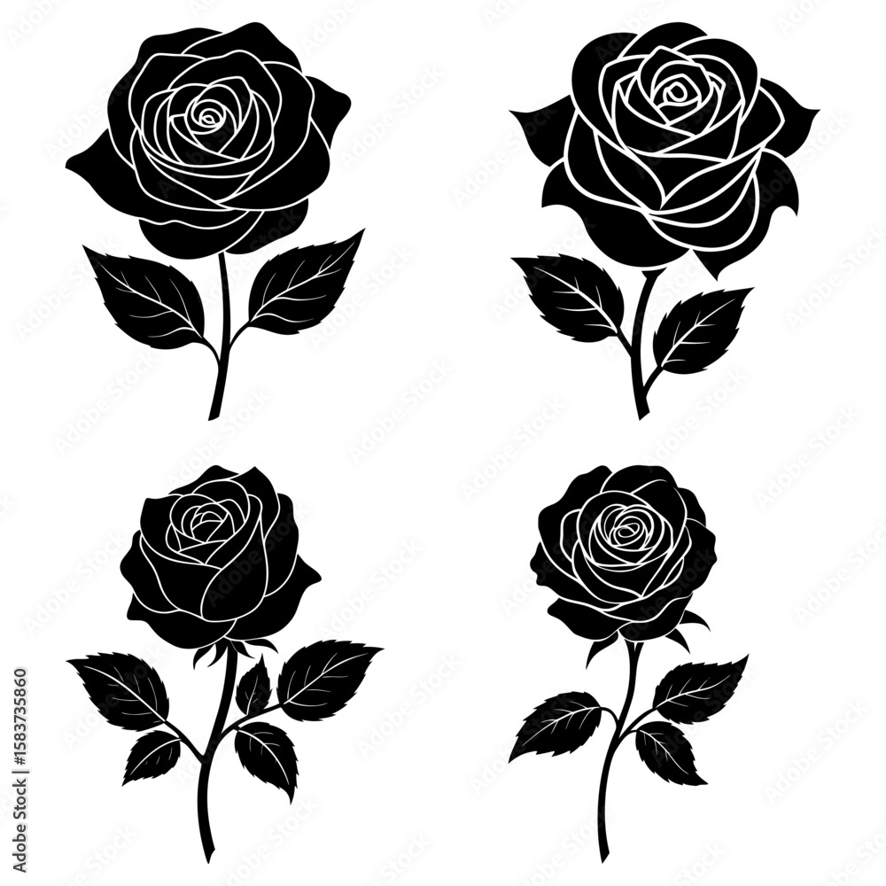 custom made wallpaper toronto digitalFour black rose illustrations with detailed petals and leaves on a white background showcase floral beauty