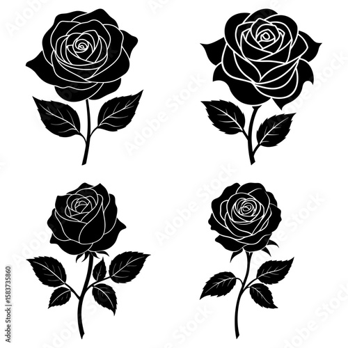 Wallpaper Mural Four black rose illustrations with detailed petals and leaves on a white background showcase floral beauty Torontodigital.ca