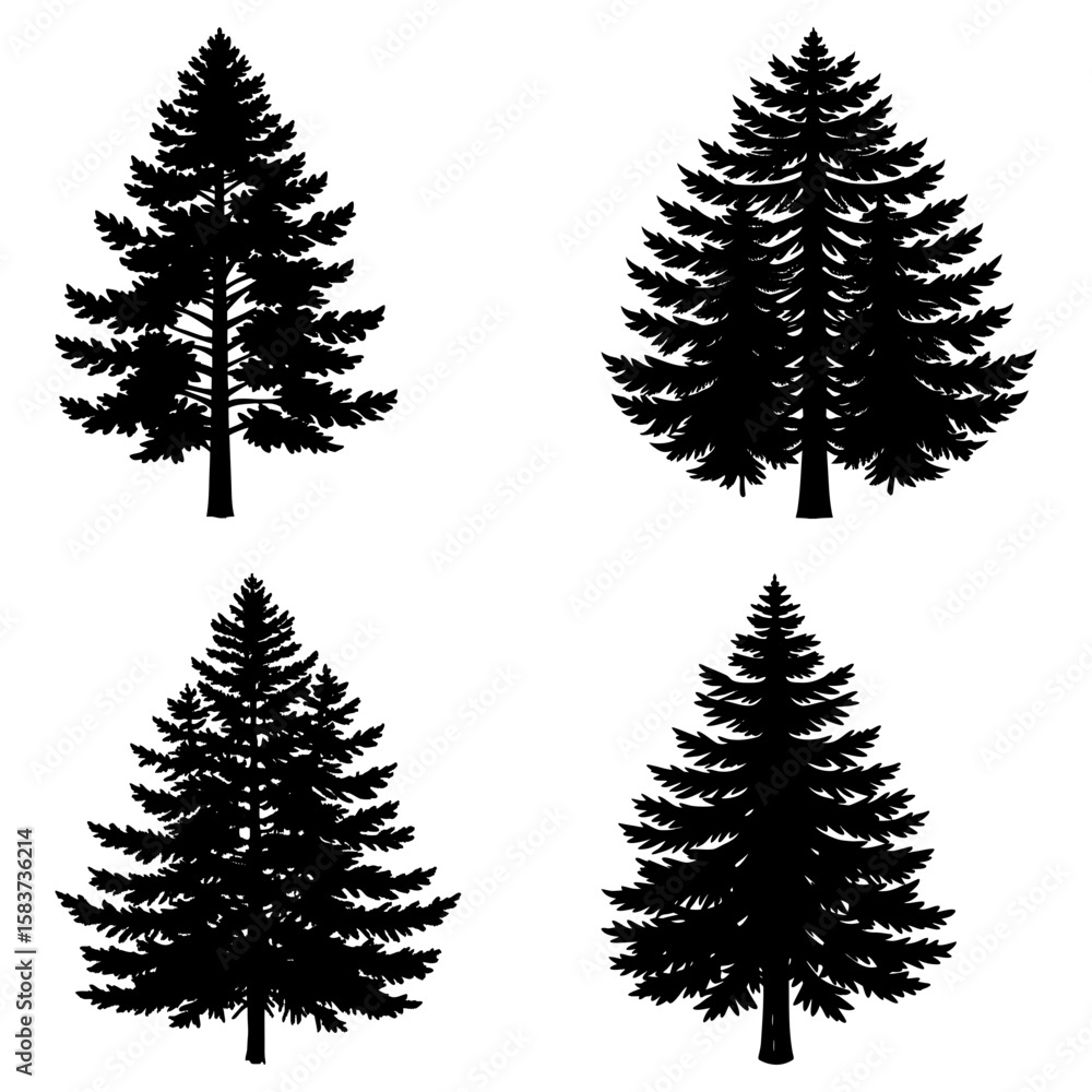 Fototapeta premium Four black silhouettes of pine trees with detailed branches and needles on a white background in a square layout