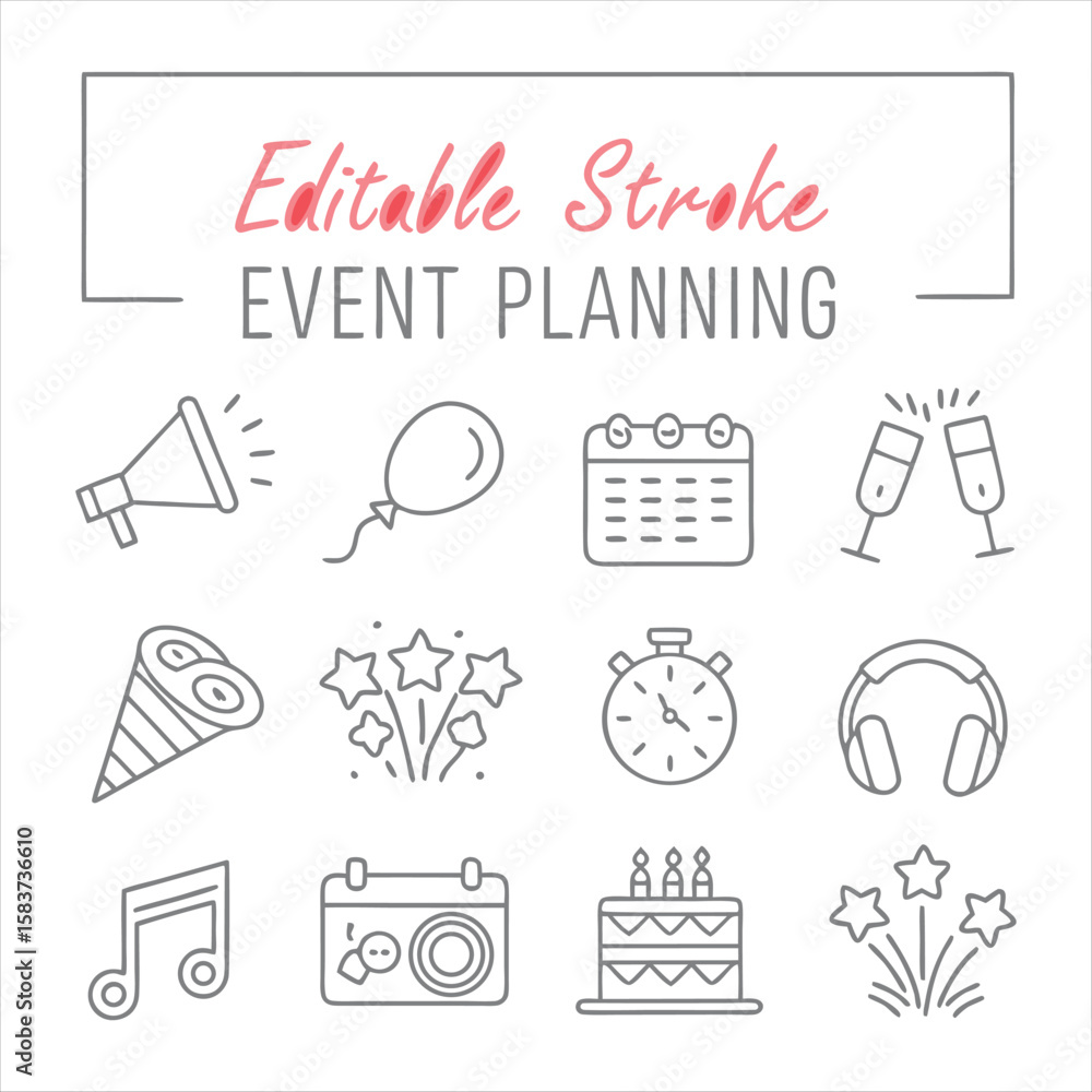 Fototapeta premium Editable Stroke Event Planning Icon Set – Party, Celebration & Festival Line Art Vector Collection