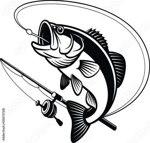 Striking bass fish design poised to strike, this artful aquatic creature is ideal for fishing tournament logos and emblems.
