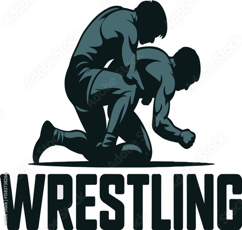 Two wrestlers compete in a grappling match, perfect for team logos, sports designs, or fitness promotions.