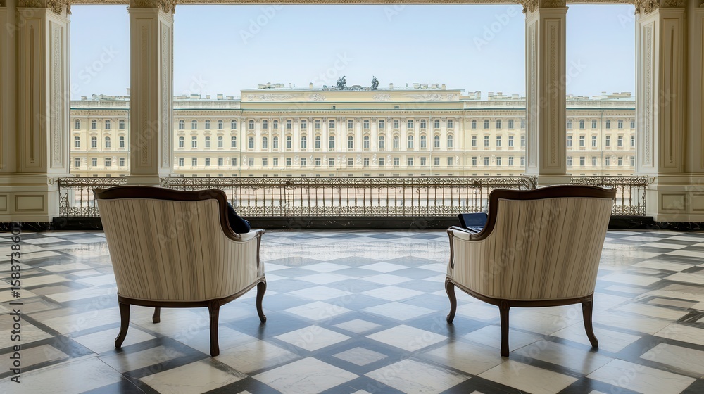 Fototapeta premium Elegant interior view featuring two classic armchairs facing a stunning exterior, Ideal for use in luxury real estate listings, interior design blogs, or promotional materials for upscale venues,