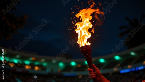 a hand holding an olympic torch, lit and ablaze, against a dark background that suggests evening or night.