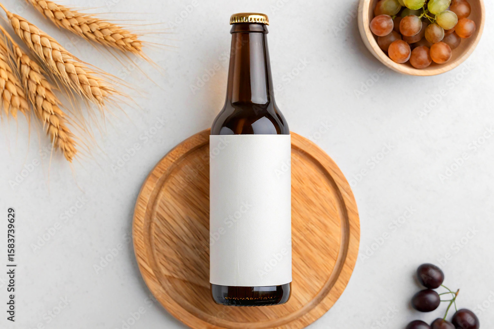 Naklejka premium Beer Bottle Mockup with Blank Label, Wheat & Grapes