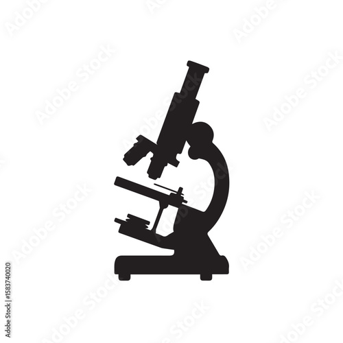 A black silhouette of a scientific microscope, isolated on a white background