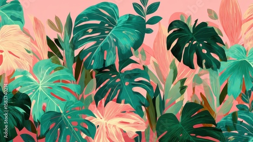 Tropical plants and Jungle background vector. colorful summer pattern design with topical foliage, arts brush and pink color. Modern wallpaper design for prints, poster, cover, cards and. homewares.,
