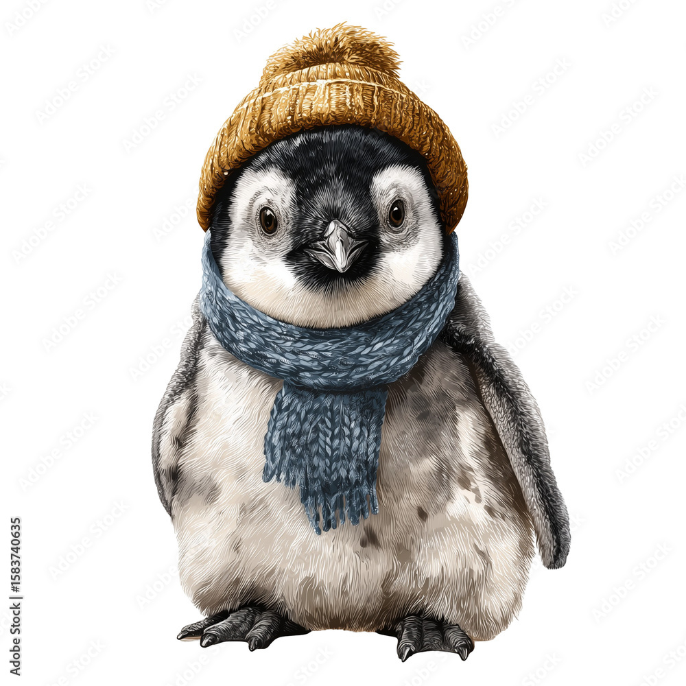 Obraz premium Penguin wearing wool hat illustration for winter and Christmas isolated on white background