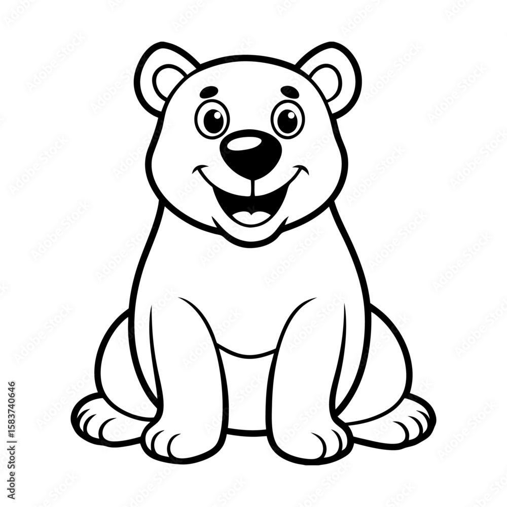 Fototapeta premium Happy Sitting Cartoon Bear with Sweet Smile Outline Drawing
