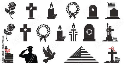 Set of memorial and military vector silhouettes including tombstone, candle, cross, flag, and rose for tribute design