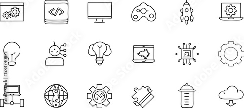 Tech Innovation Icons: A curated set of modern tech icons, symbolizing innovation, ideas, and digital solutions, rendered in a sleek, monochromatic style. 
