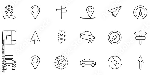 Essential Navigation Icons: A collection of simple, clean line art icons related to travel, wayfinding, and navigation, designed to enhance any project with a touch of elegance and clarity.